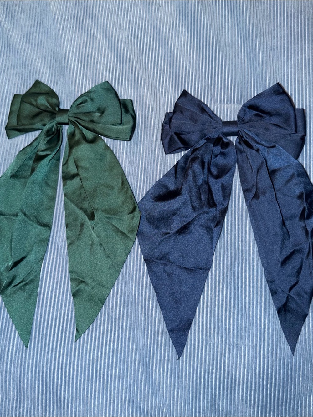 Green and Navy Satin Bow Hair Clips - Pair